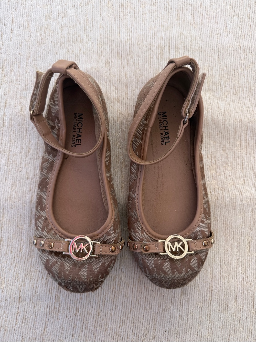 Michael Kors Brown Monogram Ankle-Strap Ballet Flats